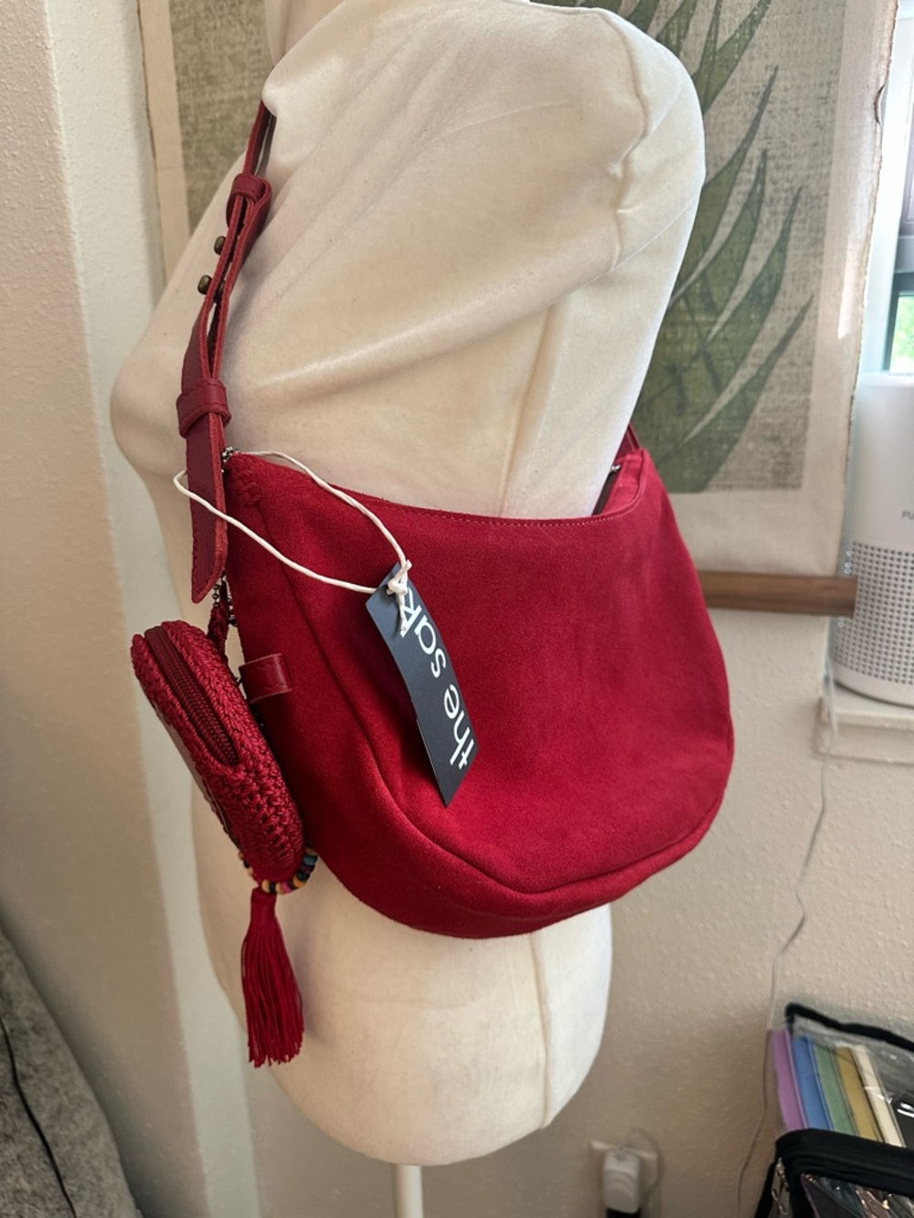 The Sak Tess Sling Bag Red Suede Shoulder Bag with Peace Tassel and Coin Pouch - Picture 2 of 9